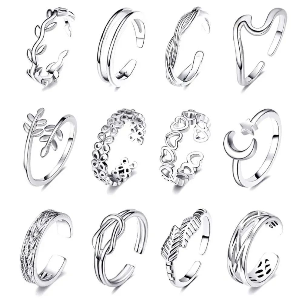 Silver Adjustable Open Toe Rings - Set of 12